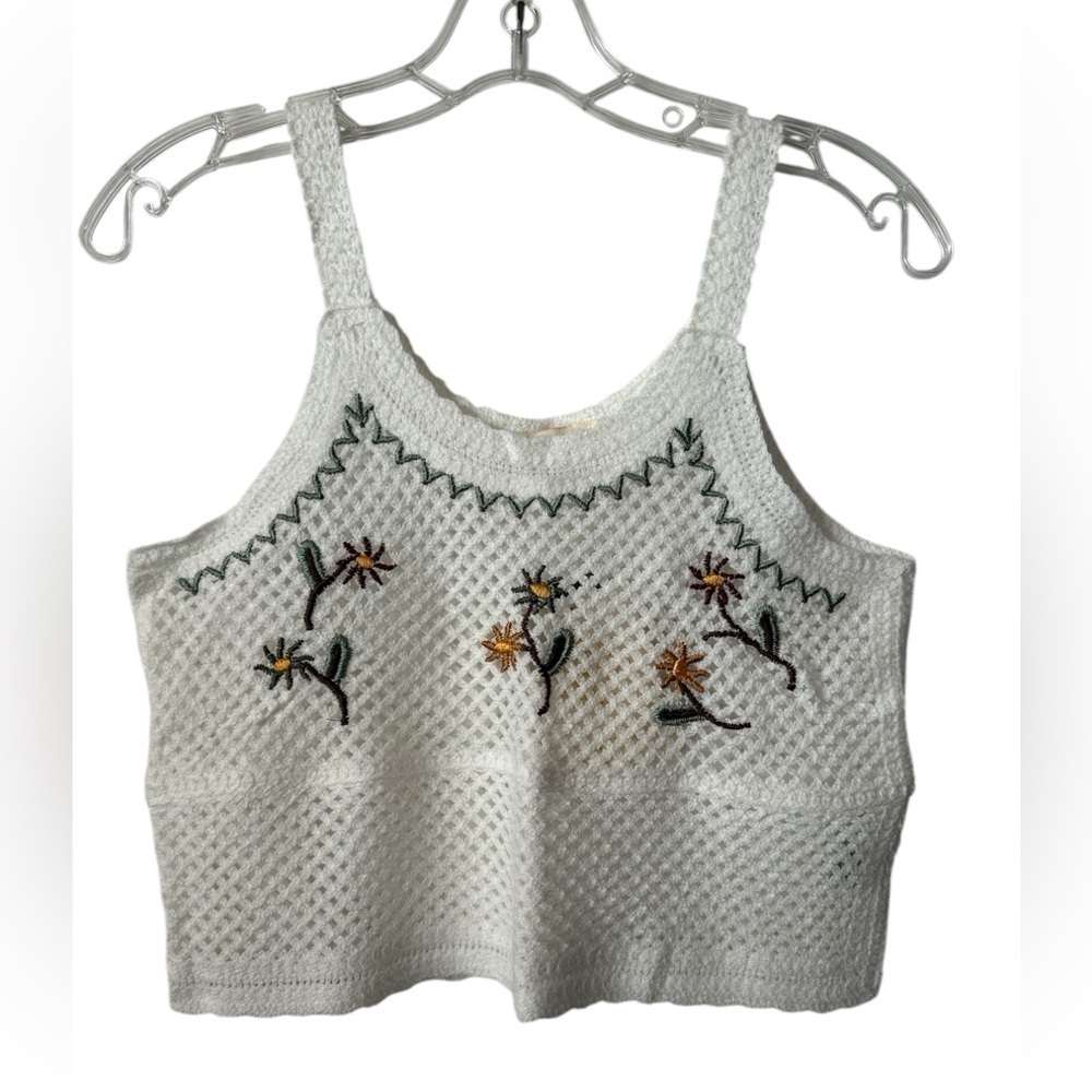 REBELLION White Crochet Cropped Embroidered Festival Summer Sleeveless Top Small
